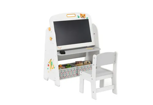 COSTWAY Kinder Staffelei mit Stuhl, Kindertafel mit Bücherregal & Magnetischer Kreidetafel, Stoffkiste & Weißtafel, Spieltafel, Tafel Kinder Grau - Grau