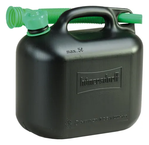 Hünersdorff Kraftstoffkanister 5L Schwarz HDPE - Robuster 5L Kraftstoffkanister aus hochwertigem HD-PE, ideal für die sichere Lagerung von Kraftstoffen. Mit UN-Zulassung und integriertem Auslaufrohr für einfaches Befüllen.