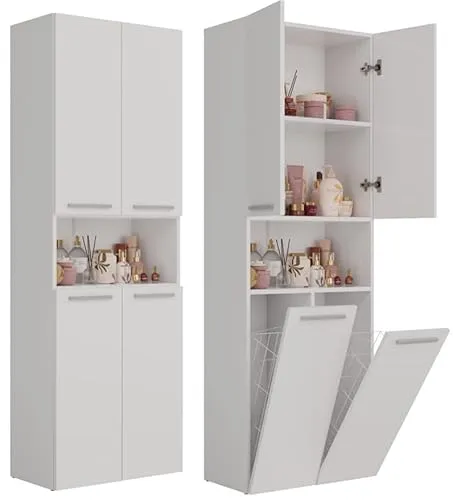 BDW Badezimmerschrank, 2- Wäschekorb, 2 - Türen 174 x 60 x 30cm Unterschrank, Waschbeckenunterschrank, Hochschrank, Badmöbel, Bad-Hochschrank, Badregal (Weiss)