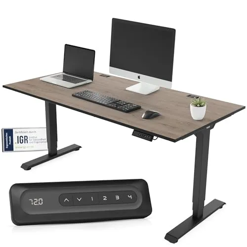 Yaasa Desk Essential Elektrisch Höhenverstellbarer Schreibtisch 160x80cm Eiche dunkel/Schwarz – Schreibtisch höhenverstellbar elektrisch – Bürotisch mit digitalem Display, Kabeldurchlässen & Kabelnetz