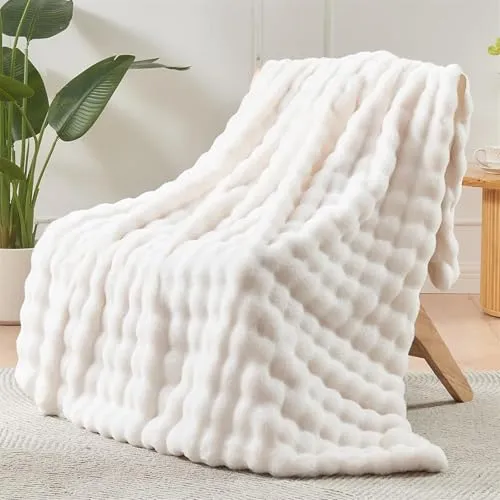 LINGKY Kuscheldecke Flauschig Decke - 130x160cm Weiß Bubble Decke Sofadecke Couchdecke für Wohnzimmer Deko Tagesdecke Blanket, Weiche Wohndecke Flauschige Decke als Wohn- & Kuscheldecken