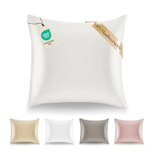 Dreamzie Kissenbezüge Seide - 65x65 cm - Gewicht 19 Momme 100% Reine Maulbeerseide Doppelseitig - Seidenkissenbezug für Haar und Haut, Anti-Aging, Anti-Bettwanzen - Elfenbein