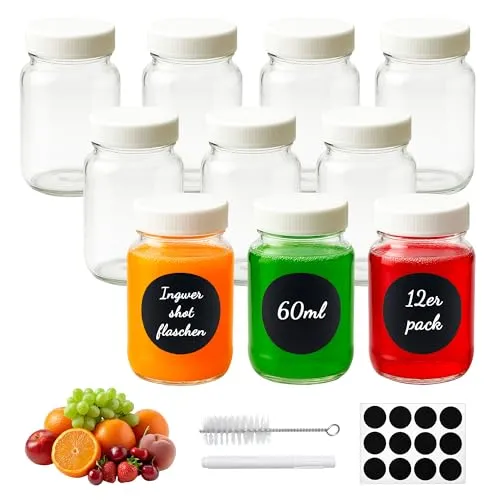 FZSECRIU 10 Stück Shot Flaschen zum Befüllen 60ml,Wiederverwendbare kleine Glasflaschen zum Befüllen,Ingwer Shot Flaschen,Mini Glasflaschen,Shotgläser mit Deckel,Etiketten und Stift für Saft,Probe