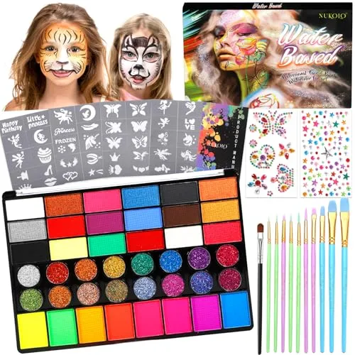RDDAIPE Kinderschminke Set, 42 Farben, Mit 40 Schablonen, 11 Pinsel, 2 Strasssteine