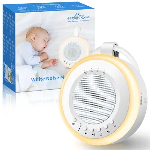 Tragbare Baby White Noise Machine: Easy@Home Einschlafhilfe Babys mit weißem Rauschen | Nachtlicht | 16 Beruhigende Schlaflieder & Naturgeräusche | 3 Timer-Einstellungen | USB wiederaufladbar (Weiß)