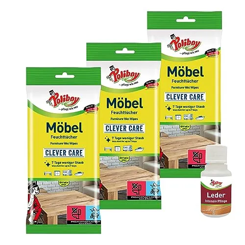 POLIBOY Möbel Feuchttücher - Staubtücher für alle Oberflächen, Holz, Kunststoff, Metall - Allzweckfeuchttücher für den Haushalt - 3x 24 Tücher - Mit Produkt-Probe - Made in Germany