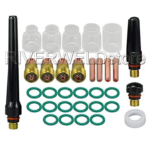 RIVERWELD TIG Kurz Gaslinsen-Spannhülsenkörper 17GL 10N Serie TIG-Glaskanne aus reinem Quarz Düse #4 - #12 Sortiment mit verschiedenen Größen Set für SR WP 17 18 26 WIG-Schweißbrenner 33 Stück