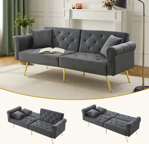 okwish Schlafsofa mit Schlaffunktion,Zweisitzer sofa  mit 3-stufig verstellbare Rückenlehne,Relaxsofa mit  vergoldete Metallfüße,Grau