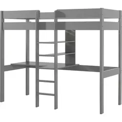 Hochbett Karole 208x105x175 Kinderbett aus Massivholz - Modernes Hochbett aus grauem Massivholz mit integrierter Schreibplatte und Regal. Ideal für kleine Räume und bietet viel Funktionalität für Kinder über 6 Jahren.