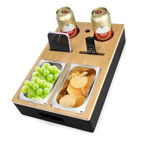Couchbar Snackbox mit Getränkehalter, Couch bar Wood as Beer Gifts for Men, Sofa Tray with Two Snack Bowls and Multiple Storage Places