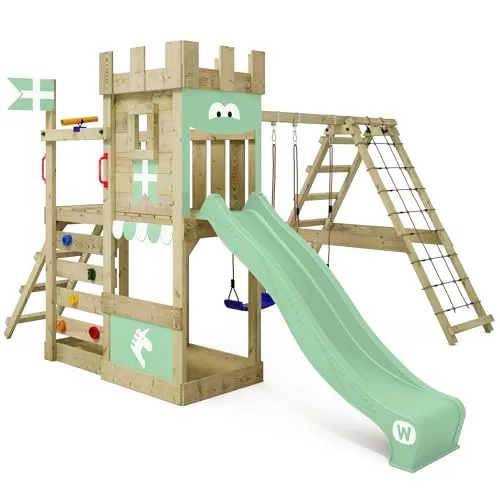Wickey Spielturm DragonFlyer – Ritterburg mit Kletteranbau - Schaukel- und Kletterturm aus kesseldruckimprägniertem Massivholz, inklusive Wellenrutsche und Sandkasten. 10 Jahre Garantie auf Holzelemente für maximale Sicherheit und unvergessliche Erlebnisse!