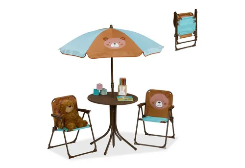 relaxdays Garten-Kindersitzgruppe mit Schirm, 4-tlg, Bär - Gartenmöbel-Set für Kinder mit niedlichem Bärendesign, ideal zum Spielen und Picknicken. Verstellbarer Schirm sorgt für Schatten und die Stühle sind klappbar für einfachen Transport zum Strand oder Camping.