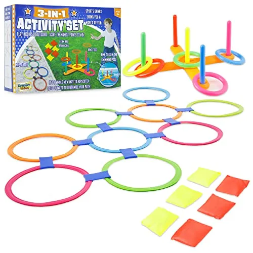 Outdoor Spiele für Kinder Set Gartenspiele für Kinder Sackhüpfen Eierlaufen Tauziehen Dosenwerfen Himmel und Hölle Ring Toss Bean Bag Kinderspiele Wurfspiele für Family Indoor Outdoor (Set 3 in 1)
