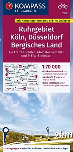 Produktbild KOMPASS Fahrradkarte 3367 Ruhrgebiet, Köln, Düsseldorf, Bergisches Land mit Knotenpunkten 1:70.000: reiß- und wetterfest mit Extra Stadtplänen