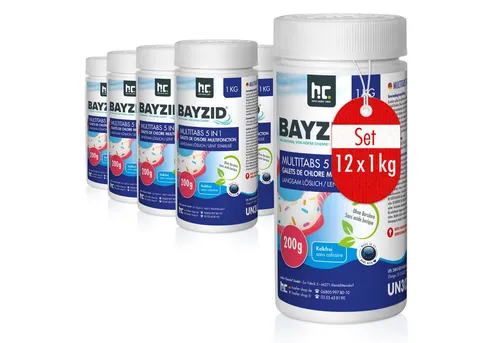 12x 1 kg BAYZID® Multitabs 200g 5in1 für Pools - Effektive Wasserpflege für Pools mit langsam löslichen Multitabs, die Desinfektion, pH-Stabilisierung und Algenvernichtung in einem bieten. Ideal für sorgenfreies Schwimmen mit der Familie.