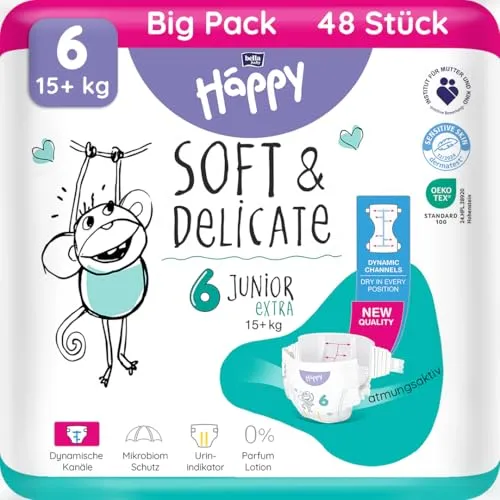 bella baby Happy Premium Windeln Größe 6 Junior Extra 15+ kg 48 Stück, DERMATEST & OEKO TEX Siegel, Babywindeln Einweg