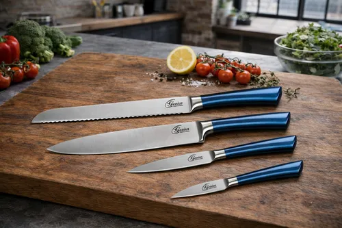Genius Profi Messer-Set 4-tlg. Blau Edelstahl Küchenmesser - Hochwertiges 4-teiliges Küchenmesser-Set aus Edelstahl mit ergonomischen Griffen für präzises Schneiden. Ideal für Hobbyköche und Profis, die Wert auf Qualität legen.