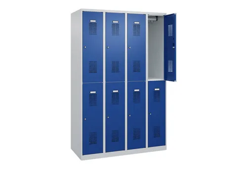 CP-Möbel Spind Basis PLUS, blau, 4 Abteile - Stabiler Spind mit 4 Abteilen und 8 Fächern, ideal für Büros. Aus robustem Stahl mit Zylinderschloss und Soft-Anschlag, garantiert Sicherheit und Komfort.