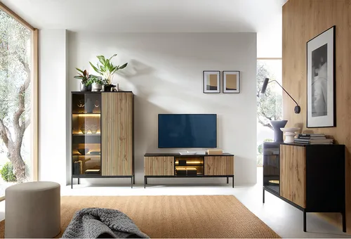 SIBARI-160 Wohnzimmer Set, 3-teilig mit LED-Beleuchtung - Moderne 3-teilige Wohnzimmermöbel in Schwarz mit Wotan Eiche. Inkl. LED-Beleuchtung für stimmungsvolle Akzente. Praktische push-to-open Funktion für einfachen Zugang zum Stauraum.