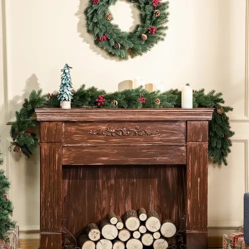 HOMCOM 1,9M künstliche Weihnachtsgirlande - Weihnachtsgirlande mit 7 Tannenzapfen und 7 roten Beeren, realistisch aus Kunststoff, pflegeleicht und langlebig – perfekt für festliche Dekoration an Treppen oder Kamin.