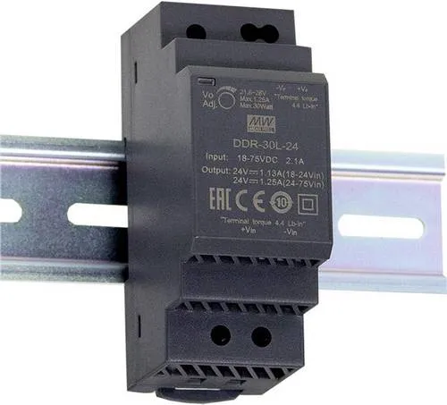 MW Mean Well DDR-30L-24 Hutschienen-DC/DC-Wandler - Hutschienen-Netzteile mit 24 V/DC, 1.25A und 30W Leistung, ideal für zuverlässige Stromversorgung in industriellen Anwendungen.