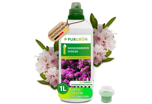 Purgrün Rhododendrondünger 1L – Flüssigdünger für prächtige Blüten - Blumendünger für Rhododendren, mit Guano für intensive Blütenbildung und schnell verfügbare Nährstoffe für gesundes Wachstum.
