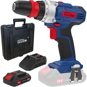 Güde Akku-Bohrschrauber BS 18-201-30K II, 18V, 2Ah - Akkuschrauber mit 2-Gang-Getriebe, 30 Nm Drehmoment und umfangreichem Zubehör. Ideal für präzises Schrauben und Bohren, inkl. 1 Akku, Schnellladegerät und 12-teiligem Set.