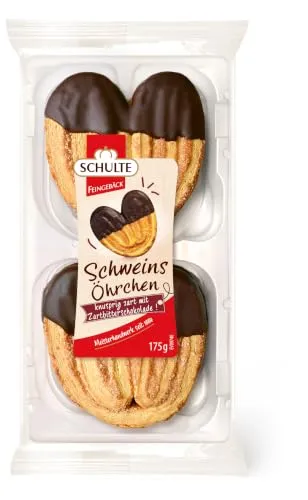 Schulte Feingebäck Große Schoko-Schweinsöhrchen Vollmilch 175 g Blätterteig | Knuspriges Gebäck mit Vollmilchschokolade Süßes Gebäck zu Kaffee und Tee