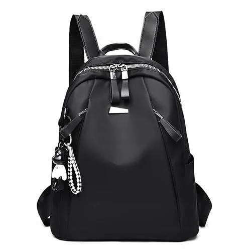 Damen Rucksack – Moderner Cityrucksack mit Reißverschluss & Bärchen-Anhänger – Wasserabweisender Rucksack für Alltag, Schule, Reisen & Freizeit – Leicht, robust, modisch Schwarz & Rot (Schwarz)