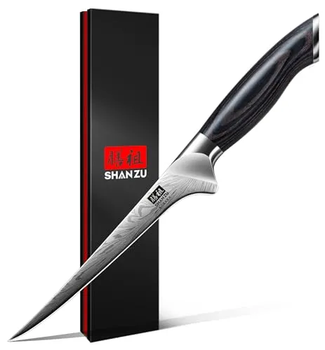 SHAN ZU Filetiermesser aus Pulverstahl 18cm - Professionelles Kochmesser aus hochwertigem Kohlenstoffstahl mit ergonomischem Pakkaholzgriff für müheloses Schneiden von Fisch und Fleisch.