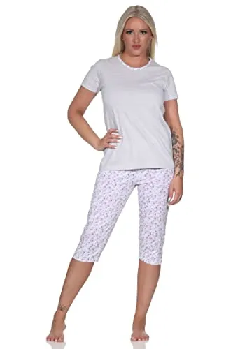 Normann Floraler Damen Capri Pyjama Schlafanzug mit Streifen, 3/4 Hose & Rundhals, Farbe:grau, Größe:48-50