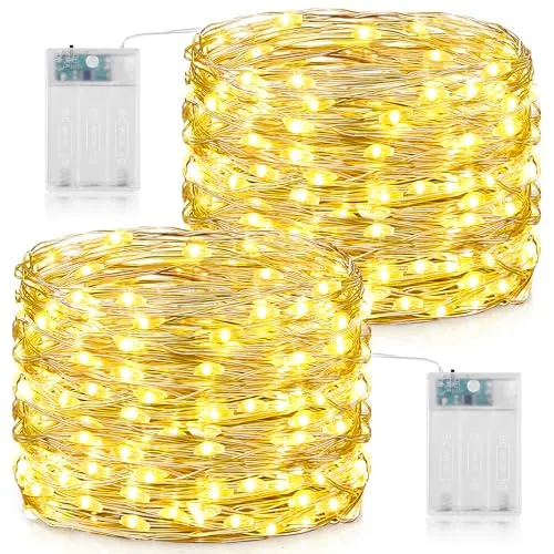 Forepin Lichterkette Batterie, 2 Stück 15M 150LED Draht Lichterkette mit Batterie Timer, Wasserdichte Kupferdraht Lichterketten für Weihnachten Festival Party Hochzeit Kinderzimmer Deko DIY