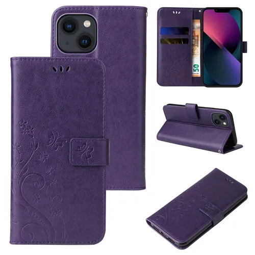 Handy Tasche für Apple iPhone 13 Handyhülle Blumen Buch Klapp Cover Case Lila