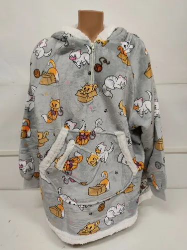 Hoodie Decke Deckenpullover Kuscheldecke Flanell Sherpa Grau Katze Übergröße Neu