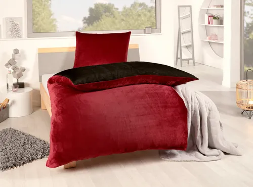 Bettwäsche Winter Flausch Cashmere Touch Uni Wende warm 2 teilig 135x200 mit RV Farbe Rot / Schwarz