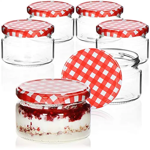 com-four® 6x Einmachgläser mit rot/weiß kariertem Schraub-Deckel - TO Ø 82 mm - bis zu ca. 250 ml