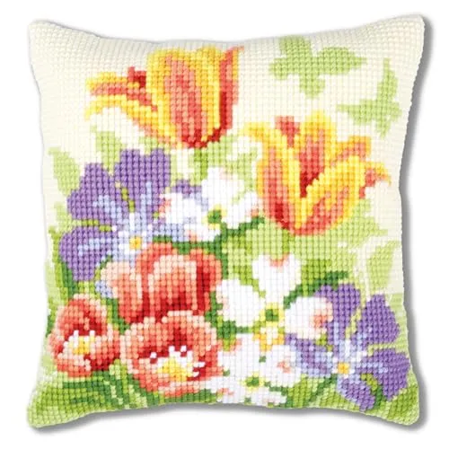 VERVACO Kreuzstich Kissen Set - Frühlingsblüten für Anfänger - Kreatives DIY Set mit vorgedrucktem Stoff und hochwertigem Garn. Ideal für Anfänger und Profis, um ein einzigartiges Kissen (ca. 40 x 40 cm) zu gestalten und entspannende Handarbeit zu genießen!