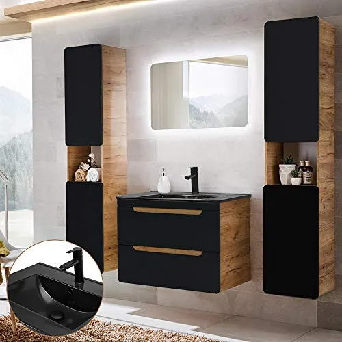 Komplett Badmöbelset Wotan Eiche Nb. mit anthrazit, 81 cm Waschtischunterschrank - Komplettprogramm für Badezimmer mit modernem Design, großzügigem Stauraum und hochwertigen, unempfindlichen Materialien. Inklusive Keramikwaschbecken und LED-Spiegel für stilvolle Akzente.