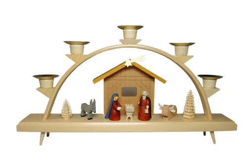 Richard Glaesser Schwibbogen Christi Geburt, 18cm - Schwibbogen mit bunten, gebeizten Figuren, handgefertigt aus Holz, ideal für festliche Dekoration und stimmungsvolle Beleuchtung in der Adventszeit.