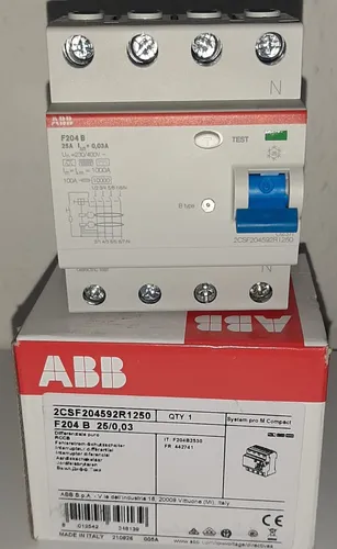 ABB F204 B-25/0.03 FI-Schutzschalter 4P Typ B - FI-Schutzschalter Typ B, 25 A, 30 mA, erkennt AC- und Gleichfehlerströme. Ideal für dreiphasige Systeme, besonders sicher für Anwendungen mit Frequenzumrichtern oder PV-Anlagen.