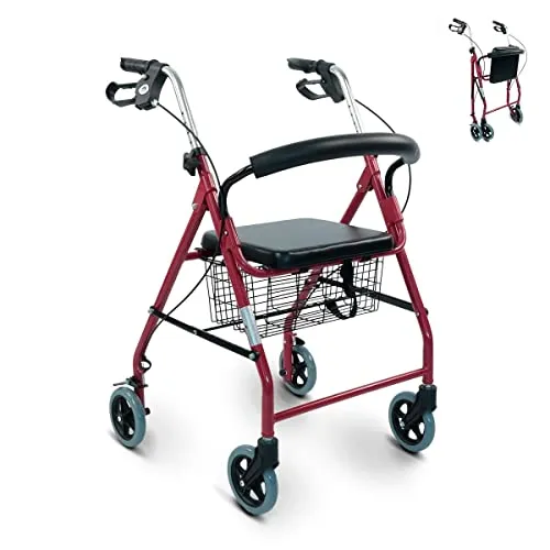 Mobiclinic®, Rollator faltbar und leicht, Gehhilfe, Mit sitzfunktion, Gepolsterte rückenlehne, Handbremsen, Ergonomische griffe, Abnehmbarer korb, Europäische marke, Modell alhambra, Farbe himbeere