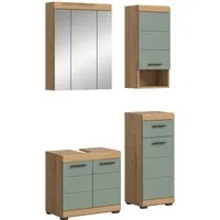 Badmöbel-Set SCHLOONSEE 4-teilig - Komplett-Badkombination in modernem Grün, bestehend aus Waschbeckenunterschrank, Spiegelschrank, Unterschrank und Hängeschrank. Hochwertige, pflegeleichte MDF-Front mit Rillenoptik.