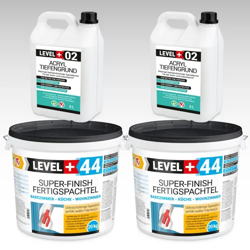 Super Finish Spachtel Masse 40kg Fugenspachtel + Tiefgrund 10L SET604 - Mörtel-Set für perfekte Wände: Gebrauchsfertige, super weiße Spachtelmasse mit hervorragender Haftung und Elastizität, ideal für glatte Oberflächen in Küche, Bad und Wohnzimmer.