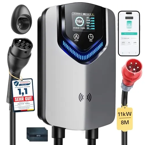 Wallbox 11kW mit APP & RFID – 3-Phasiges Typ 2 EV-Ladegerät 400V, 6–16 A, 8M Kabel mit Kabelhalter – RCD Typ B & IP54,Einstellung Startzeiteffiziente Ladestation für Zuhause für BEV PHEV