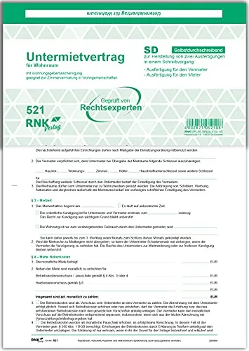 RNKVERLAG 521 Untermietvertrag für Wohnräume - 25 Stück - Praktischer Untermietvertrag für Wohnräume im DIN A4 Format. Mit klaren Schreibstellen und Wohnungsgeberbescheinigung für unkomplizierte Nutzung. Ideal für Vermieter und Mieter.