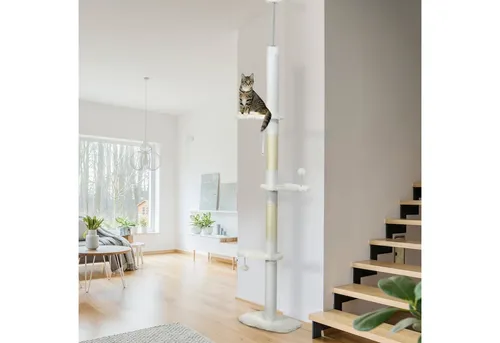 PawHut Deckenhoher Kratzbaum für Katzen - Katzenbaum mit 3 Ebenen und Kippschutz, ideal für aktive Katzen. Plüschbezug und Baumwollseil sorgen für maximalen Komfort und Spielspaß.