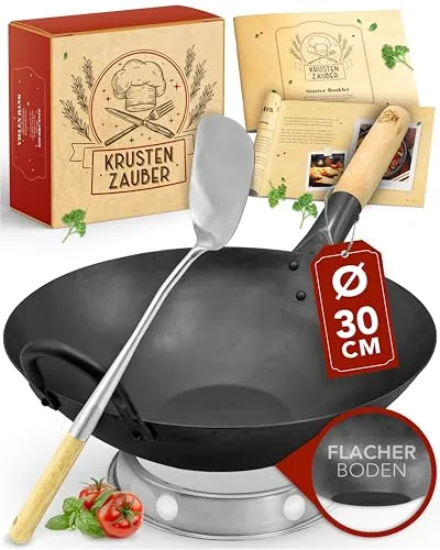 Krustenzauber Wok Wokpfanne Induktion voreingebrannt - 30 cm - Wok für Induktion mit Wokwender und Wokring, ideal für authentisches Wokkochen und hohe Hitze.