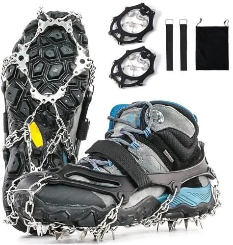 MILIWAN Steigeisen für Bergschuhe 28 Spikes Edelstahl Anti-Rutsch EIS Schnee Grips für Schuhe Stiefel, Sicherer Steigeisen Eisstollen Traktion für Walking, Joggen, Klettern und Wandern