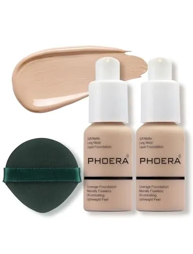 PHOERA Foundation, Full Coverage Foundation, Concealer Foundation Full Coverage Flawless Cream Glatte, langanhaltende Neu 30ml PHOERA 24HR Matte Oil Control Concealer (2 Stück 102)
