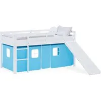 Homestyle4u Hochbett - Blau-Weiß, 90x200 cm, Kinderzimmermöbel - Abenteuerliches Hochbett für Kinder mit Rutsche und kreativem Stoffvorhang. Sicher aus massivem Kiefernholz, flexibel montierbar und ideal für kleine Entdecker!